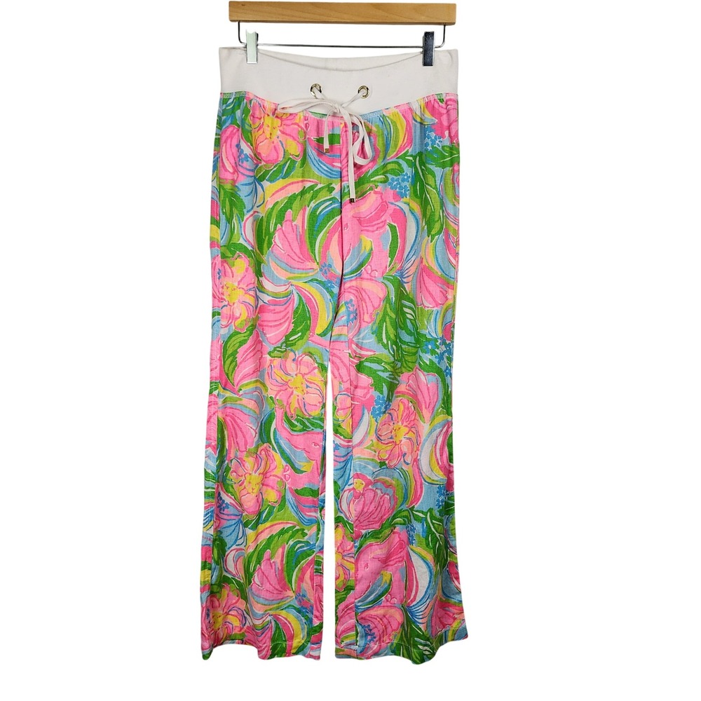 Lilly Pulitzer Linen Beach Pants Women Medium Pink Green Wide Leg Coastal Casual
